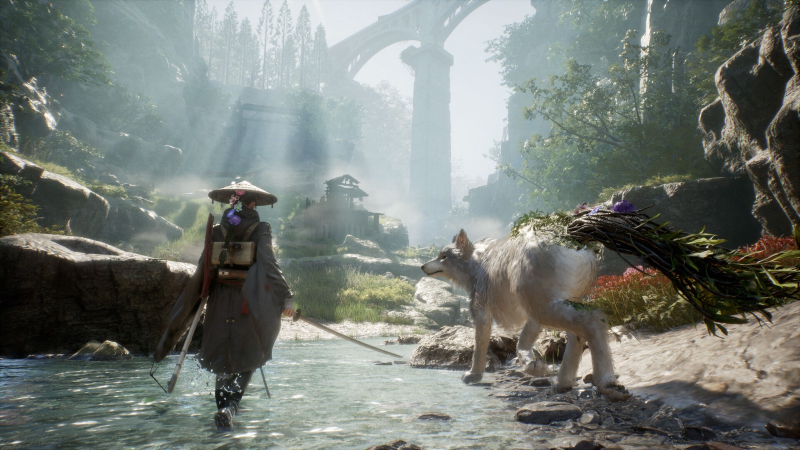Emma facing a group of long-limbed machines in a ruined clearing